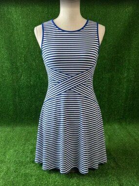 Trulli XL Blue White Striped Ribbed Crossover Skater A-Line Dress Sleeveless